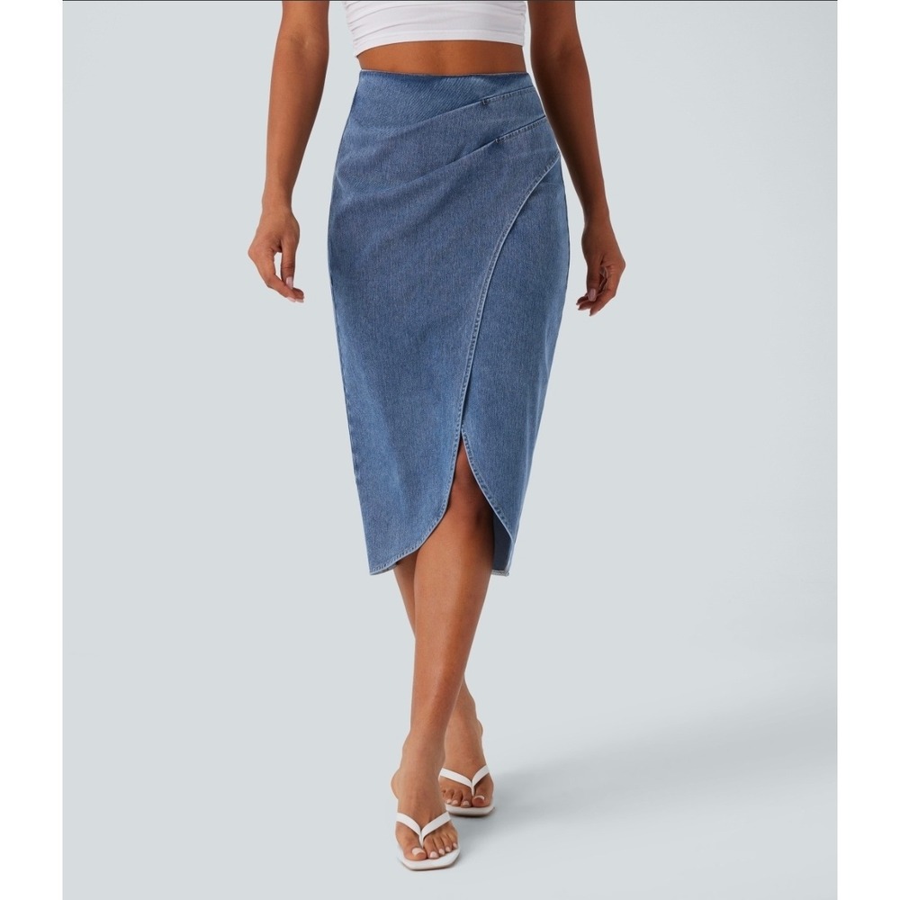 NWT Halara Flex High Waisted Ruched Tulip Hem Denim Midi Skirt XL Blue Stretch - Picture 1 of 5